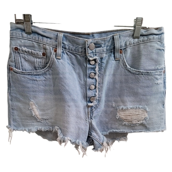 Levi's 501 Jean Shorts Light Wash Button Fly Cuttoff Distressed Rigid Denim 31 - Picture 3 of 10